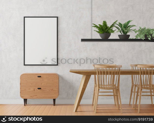 3D illustration mockup large board with frame in dining room  at home or restaurant, scandinavian style interior pastel colors and decoration with cute furniture and comfortable, rendering