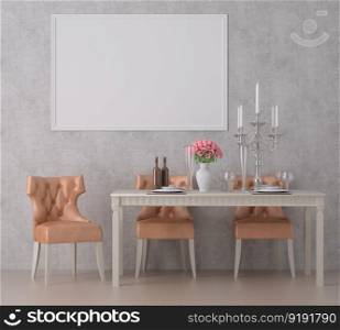 3D illustration mockup large board with frame in dining room  at home or restaurant, scandinavian style interior pastel colors and decoration with cute furniture and comfortable, rendering