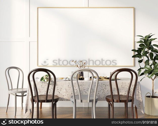 3D illustration mockup large board with frame in dining room  at home or restaurant, scandinavian style interior pastel colors and decoration with cute furniture and comfortable, rendering