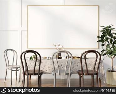3D illustration mockup large board with frame in dining room  at home or restaurant, scandinavian style interior pastel colors and decoration with cute furniture and comfortable, rendering