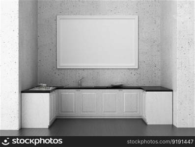 3D illustration mockup large board with frame in dining room with kitchen at home, scandinavian style interior pastel colors and decoration with cute furniture and comfortable, rendering