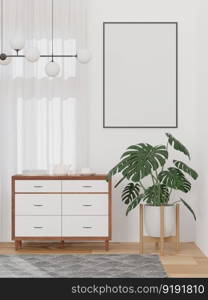 3D illustration mockup large board with frame over cabinet in dining room at home or restaurant, scandinavian style interior pastel colors and decoration with cute furniture and comfortable, rendering