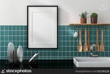 3D illustration, Mockup photo frame for picture or poster on the wall in kitchen, rendering