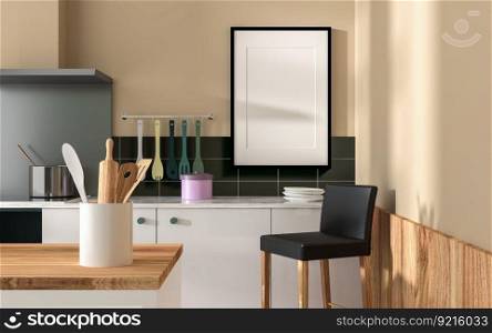 3D illustration, Mockup photo frame for picture or poster on the wall in kitchen, rendering