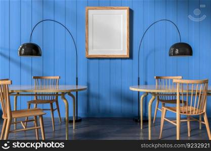 3D illustration, Mockup photo frame for picture or poster promotion on the wall of restaurant airy and clean style, decorated with wooden table and chair, rendering