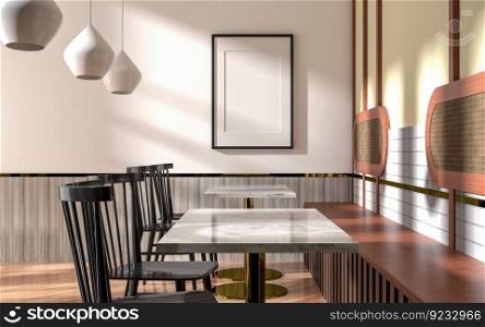 3D illustration, Mockup photo frame for picture or poster promotion on the wooden panel of restaurant airy and clean style, decorated with easy chair, rendering