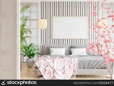3D illustration mockup photo frame hanging on wooden wall in bedroom Interior with Traditional Japanese style, rendering