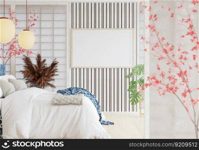 3D illustration mockup photo frame hanging on wooden wall in bedroom Interior with Traditional Japanese style, rendering