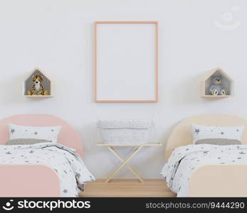 3D illustration mockup photo frame in children room, interior and decoration with lovely furniture and twin bed, blank space for insert picture, 3D rendering