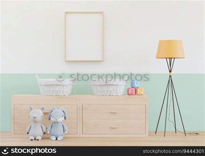 3D illustration mockup photo frame in children room, interior and decoration with lovely furniture, blank space for insert picture, 3D rendering