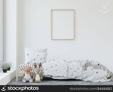 3D illustration mockup photo frame in children room, interior and decoration with lovely furniture, blank space for insert picture, 3D rendering