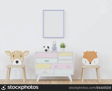 3D illustration mockup photo frame in children room, interior and decoration with lovely furniture, blank space for insert picture, 3D rendering