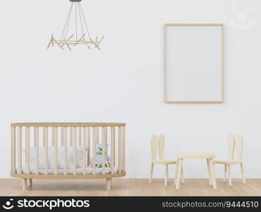 3D illustration mockup photo frame in children room, interior and decoration with lovely furniture, blank space for insert picture, 3D rendering