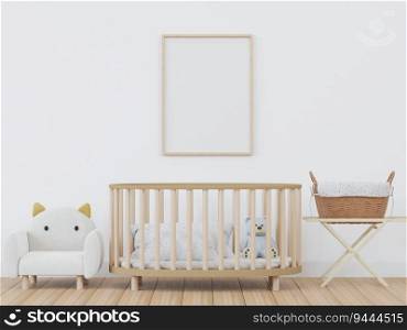 3D illustration mockup photo frame in children room, interior and decoration with lovely furniture, blank space for insert picture, 3D rendering