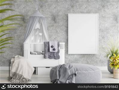 3D illustration mockup photo frame in children room or nursery room, scandinavian style interior pastel colors and decoration with cute furniture and comfortable, rendering