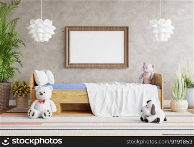 3D illustration mockup photo frame in children room or nursery room, scandinavian style interior pastel colors and decoration with cute furniture and comfortable, rendering