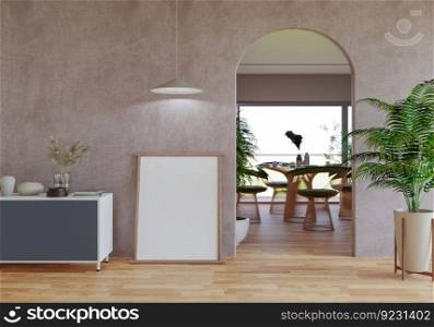 3D illustration, Mockup photo frame in dining room, Interior of comfortable with luxury furniture and decorate in minimal style with houseplant in pot, rendering