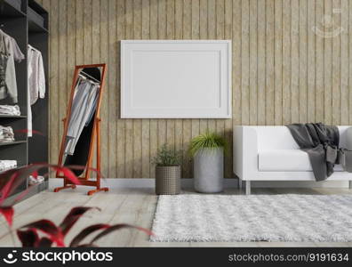 3D illustration mockup photo frame in dressing room or dressing corner with wardrobe and mirror in house, scandinavian style interior and decoration from furniture and comfortable, rendering