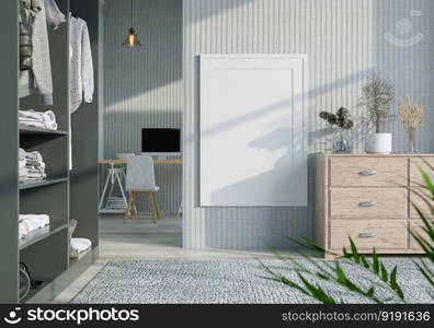 3D illustration mockup photo frame in dressing room or dressing corner with wardrobe in house, scandinavian style interior and working area in background, rendering