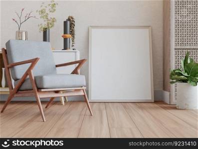 3D illustration, Mockup photo frame in living room, Interior of comfortab≤with luxury furniture and decorate in minimal sty≤with houseplant in pot, rendering