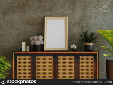 3D illustration, Mockup photo frame in living room, Interior of comfortab≤with luxury furniture and decorate in minimal sty≤with houseplant in pot, rendering