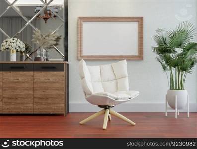 3D illustration, Mockup photo frame in living room, Interior of comfortable with luxury furniture and decorate in minimal style with houseplant in pot, rendering