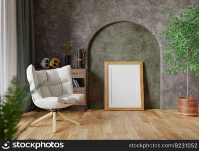 3D illustration, Mockup photo frame in living room, Interior of comfortable with luxury furniture and decorate in minimal style with houseplant in pot, rendering