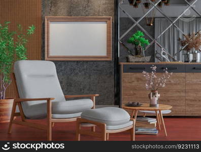 3D illustration, Mockup photo frame in living room, Interior of comfortable with luxury furniture and decorate in minimal style with houseplant in pot, rendering