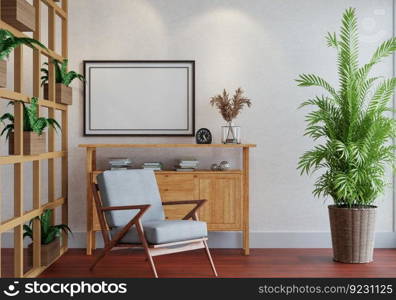 3D illustration, Mockup photo frame in living room, Interior of comfortable with luxury furniture and decorate in minimal style with houseplant in pot, rendering