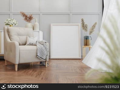 3D illustration, Mockup photo frame in living room, Interior of comfortable with luxury furniture and decorate in minimal style with houseplant in pot, rendering