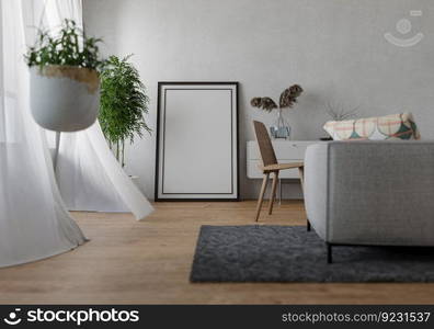 3D illustration, Mockup photo frame in living room, Interior of comfortable with luxury furniture and decorate in minimal style with houseplant in pot, rendering