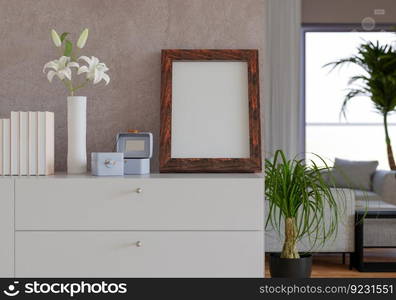 3D illustration, Mockup photo frame in living room, Interior of comfortable with luxury furniture and decorate in minimal style with houseplant in pot, rendering