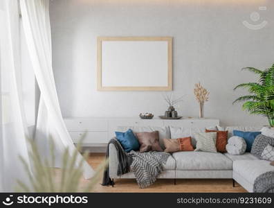 3D illustration, Mockup photo frame in living room, Interior of comfortable with luxury furniture and decorate in minimal style with houseplant in pot, rendering