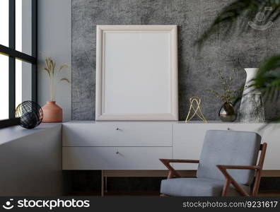 3D illustration, Mockup photo frame in living room, Interior of comfortable with luxury furniture and decorate in minimal style with houseplant in pot, rendering