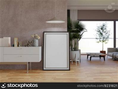 3D illustration, Mockup photo frame in living room, Interior of comfortable with luxury furniture and decorate in minimal style with houseplant in pot, rendering