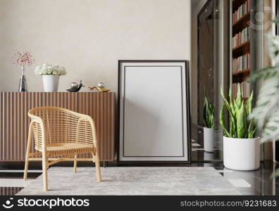 3D illustration, Mockup photo frame in living room, Interior of comfortable with luxury furniture and decorate in minimal style with houseplant in pot, rendering