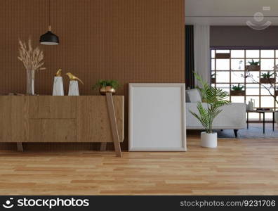 3D illustration, Mockup photo frame in living room, Interior of comfortable with luxury furniture and decorate in minimal style with houseplant in pot, rendering