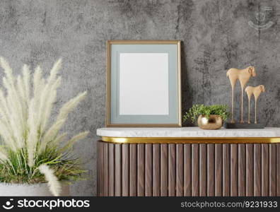 3D illustration, Mockup photo frame in living room, Interior of comfortable with luxury furniture and decorate in minimal style with houseplant in pot, rendering