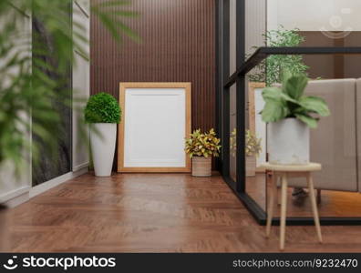 3D illustration, Mockup photo frame in living room, Interior of comfortable with luxury furniture and decorate in minimal style with houseplant in pot, rendering