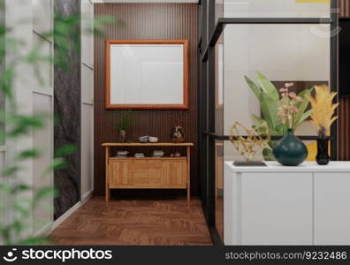 3D illustration, Mockup photo frame in living room, Interior of comfortable with luxury furniture and decorate in minimal style with houseplant in pot, rendering