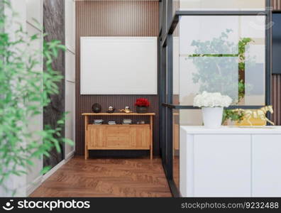 3D illustration, Mockup photo frame in living room, Interior of comfortable with luxury furniture and decorate in minimal style with houseplant in pot, rendering