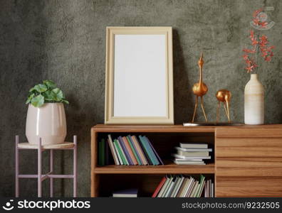 3D illustration, Mockup photo frame in living room, Interior of comfortable with luxury furniture and decorate in minimal style with houseplant in pot, rendering