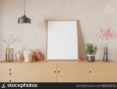 3D illustration, Mockup photo frame in living room, Interior of comfortable with luxury furniture and decorate in minimal style with houseplant in pot, rendering