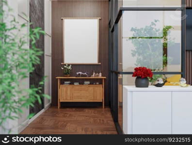 3D illustration, Mockup photo frame in living room, Interior of comfortable with luxury furniture and decorate in minimal style with houseplant in pot, rendering