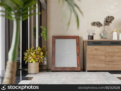 3D illustration, Mockup photo frame in living room, Interior of comfortable with luxury furniture and decorate in minimal style with houseplant in pot, rendering