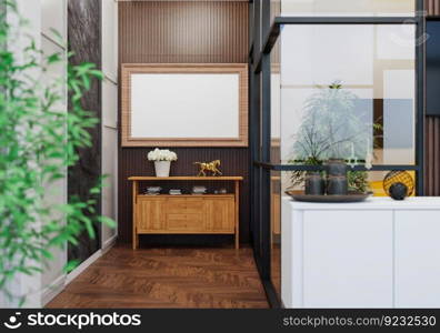 3D illustration, Mockup photo frame in living room, Interior of comfortable with luxury furniture and decorate in minimal style with houseplant in pot, rendering