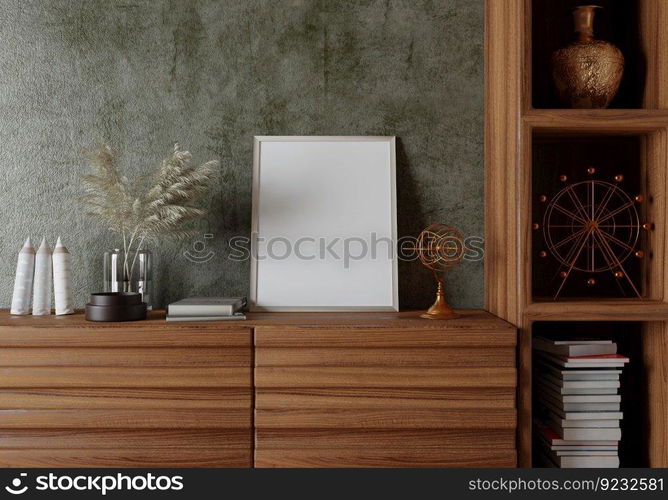 3D illustration, Mockup photo frame in living room, Interior of comfortable with luxury furniture and decorate in minimal style with houseplant in pot, rendering