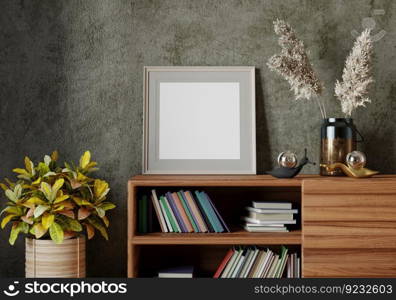 3D illustration, Mockup photo frame in living room, Interior of comfortable with luxury furniture and decorate in minimal style with houseplant in pot, rendering