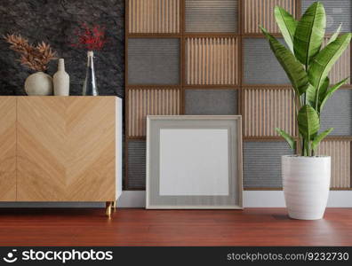 3D illustration, Mockup photo frame in living room, Interior of comfortable with luxury furniture and decorate in minimal style with houseplant in pot, rendering