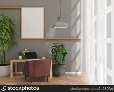 3D illustration Mockup photo frame in working area, laptop on wooden table, hanging l&and decorate with houseplant, rendering